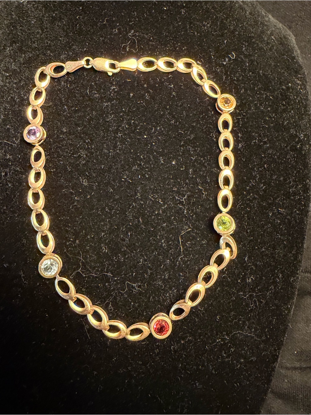 14K Yellow Gold Multi Gemstone Link Bracelet Anklet 10” Amethyst Citrine Peridot